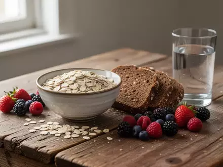 Ein gesundes Frühstück aus Vollkornbrot, Haferflocken, Beeren und einem Glas Wasser auf einem Holztisch. - Foto: über boerse-global.de