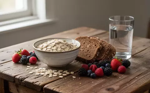 Ein gesundes Frühstück aus Vollkornbrot, Haferflocken, Beeren und einem Glas Wasser auf einem Holztisch. - Foto: über boerse-global.de