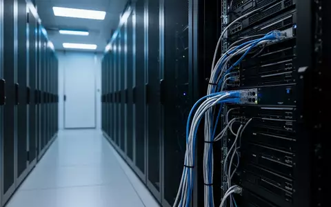 Ein moderner, aufgeräumter Serverraum mit blauer Beleuchtung und strukturierter Verkabelung als Symbol für Cloud-Infrastruktur. - Foto: über boerse-global.de