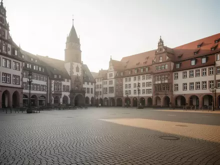 Ein sonnenbeschienener, leerer öffentlicher Platz in einer deutschen Stadt mit historischer Architektur und Kopfsteinpflaster. - Foto: über boerse-global.de