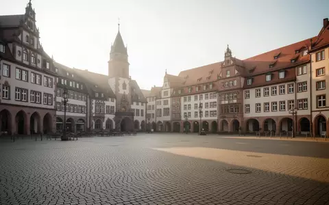 Ein sonnenbeschienener, leerer öffentlicher Platz in einer deutschen Stadt mit historischer Architektur und Kopfsteinpflaster. - Foto: über boerse-global.de