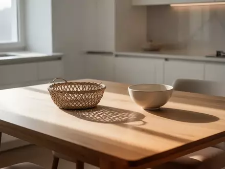 Ein minimalistischer Holztisch mit einem leeren Korb und einer Schale in einer hellen, modernen Küche. - Foto: über boerse-global.de