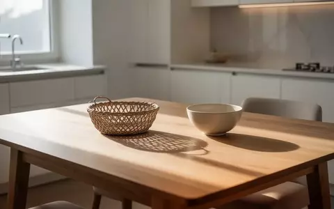 Ein minimalistischer Holztisch mit einem leeren Korb und einer Schale in einer hellen, modernen Küche. - Foto: über boerse-global.de