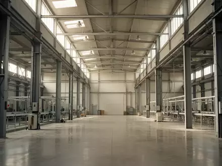 Leere, weitläufige Industriehalle mit hohen Decken und einfallendem Tageslicht als Symbol für industrielle Veränderung. - Foto: über boerse-global.de