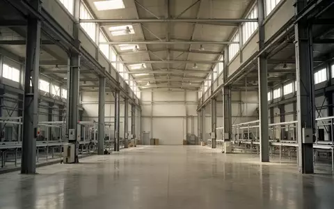 Leere, weitläufige Industriehalle mit hohen Decken und einfallendem Tageslicht als Symbol für industrielle Veränderung. - Foto: über boerse-global.de