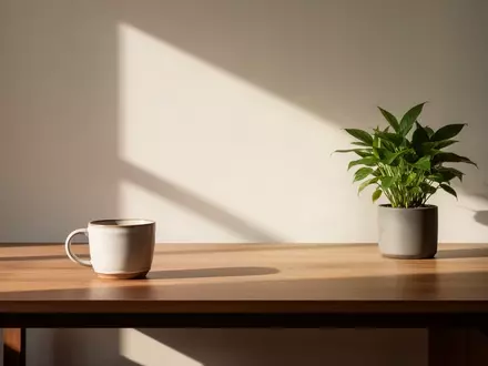 Ein minimalistischer, sonnendurchfluteter Schreibtisch in einer modernen Büroumgebung mit einer Topfpflanze. - Foto: über boerse-global.de