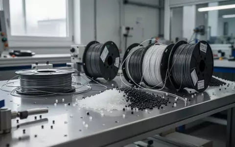 Arbeitsplatz mit Filamentrollen und Polymergranulat in einer industriellen Fertigungsumgebung. - Foto: über boerse-global.de