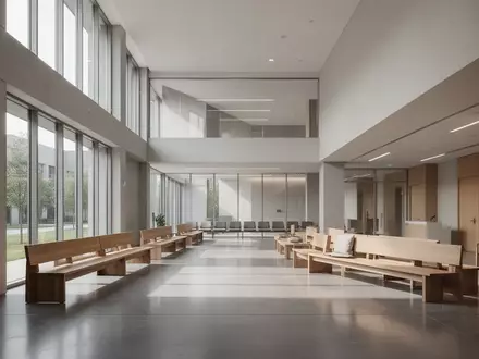 Ein moderner, minimalistischer Wartebereich in einem Behördengebäude mit natürlichem Lichteinfall und klaren architektonischen Linien. - Foto: über boerse-global.de