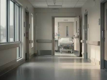 Ein heller, moderner Klinikflur in einem Universitätskrankenhaus mit Blick auf ein leeres Patientenzimmer. - Foto: über boerse-global.de