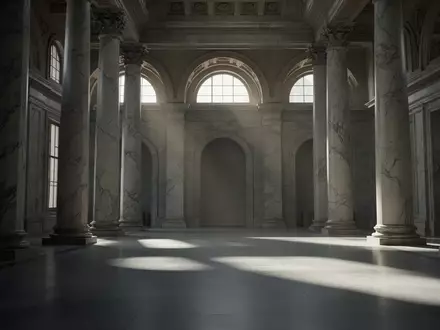 Ein minimalistisches, in sanftes Licht getauchtes Bankgebäude mit hohen Marmorsäulen und langen Schatten. - Foto: über boerse-global.de