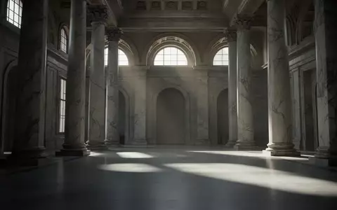 Ein minimalistisches, in sanftes Licht getauchtes Bankgebäude mit hohen Marmorsäulen und langen Schatten. - Foto: über boerse-global.de