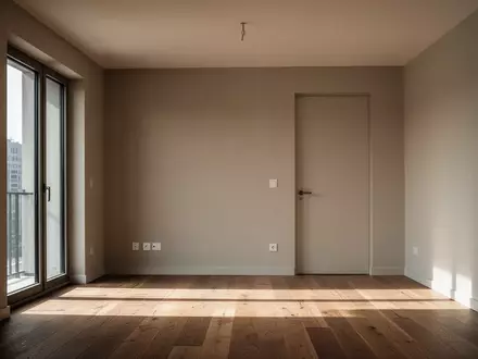 Ein leerer, sonnendurchfluteter Raum in einer Wohnung mit einer geschlossenen Tür, der Ruhe und Schutz vermittelt. - Foto: über boerse-global.de