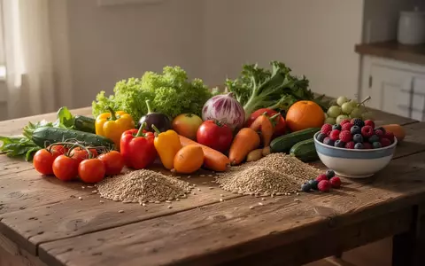 Ein hölzerner Küchentisch mit frischem Gemüse, Vollkornprodukten und Beeren in natürlichem Licht. - Foto: über boerse-global.de