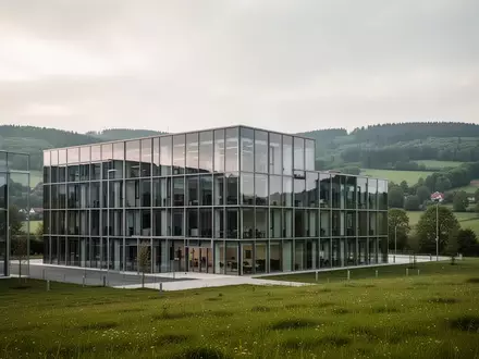 Modernes Bürogebäude in einer grünen Hügellandschaft in Thüringen bei bewölktem Himmel. - Foto: über boerse-global.de