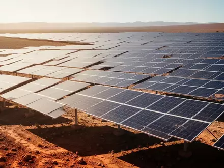 Ein weitläufiges Feld mit Photovoltaik-Solaranlagen in einer sonnigen, trockenen Landschaft. - Foto: über boerse-global.de