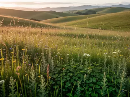 Eine weitläufige, artenreiche Weidefläche mit einer Mischung aus Gräsern, Kräutern und Leguminosen im warmen Licht der Abendsonne. - Foto: über boerse-global.de