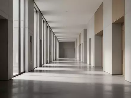 Ein langer, leerer Flur in einem modernen Verwaltungsgebäude mit klaren architektonischen Linien und natürlichem Lichteinfall. - Foto: über boerse-global.de