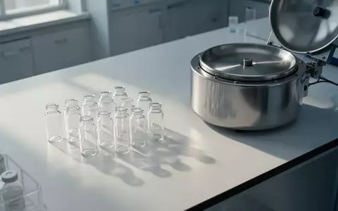 Ein minimalistischer Labortisch mit leeren Glasfläschchen und einer Zentrifuge in hellem, natürlichem Licht. - Foto: über boerse-global.de