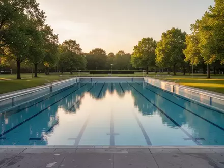 Ein leeres, blau gefliestes Freibadbecken mit grünen Liegewiesen an einem sonnigen Sommertag. - Foto: über boerse-global.de