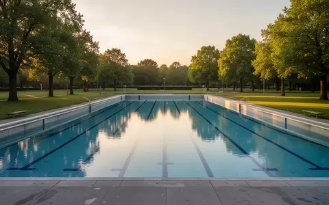 Ein leeres, blau gefliestes Freibadbecken mit grünen Liegewiesen an einem sonnigen Sommertag. - Foto: über boerse-global.de