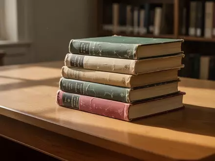Ein leerer Schreibtisch aus Holz mit einem Stapel alter Schulbücher in einem hellen, ruhigen Raum. - Foto: über boerse-global.de