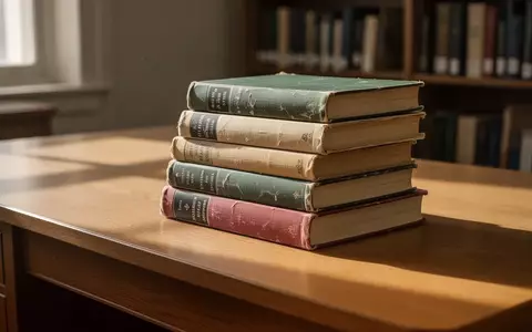 Ein leerer Schreibtisch aus Holz mit einem Stapel alter Schulbücher in einem hellen, ruhigen Raum. - Foto: über boerse-global.de