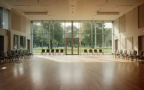 Ein heller, leerer Tanzsaal mit Parkettboden und großen Fenstern, die den Blick in einen grünen Park freigeben. - Foto: über boerse-global.de