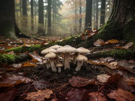Nahaufnahme von wild wachsenden Pilzen auf einem moosigen Waldboden in einem herbstlichen Wald. - Foto: über boerse-global.de