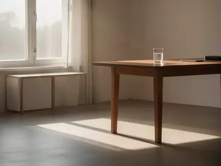 Ein sonnendurchfluteter, ruhiger Raum mit einem Holztisch und einem Glas Wasser. - Foto: über boerse-global.de