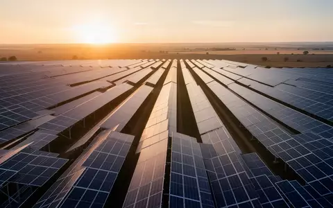 Solarpark mit Reihen von Photovoltaikmodulen bei Sonnenuntergang - Foto: über boerse-global.de