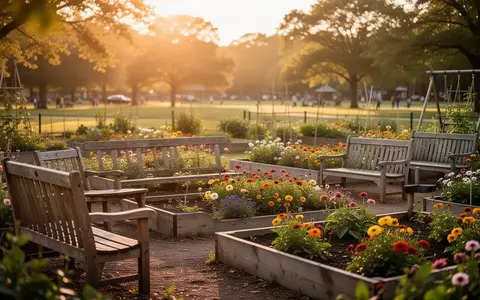 Ein sonnendurchfluteter Gemeinschaftsgarten mit Holzbänken und Blumenbeeten in der Abendsonne. - Foto: über boerse-global.de