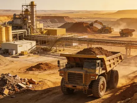 Moderne Uran-Mine in einer weitläufigen, trockenen Landschaft bei Sonnenuntergang. - Foto: über boerse-global.de