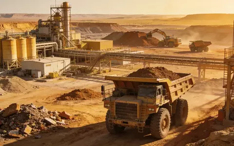 Moderne Uran-Mine in einer weitläufigen, trockenen Landschaft bei Sonnenuntergang. - Foto: über boerse-global.de
