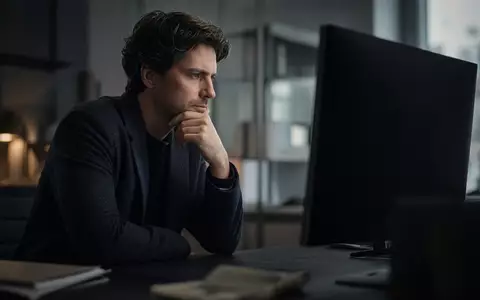 Ein besorgter Investor schaut auf einen ausgeschalteten Computerbildschirm in einem modernen Büro. - Foto: über boerse-global.de