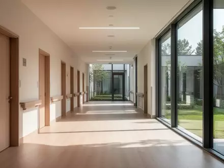 Ein heller, minimalistischer Flurbereich in einer modernen Pflegeeinrichtung mit großen Fenstern und Blick in einen grünen Innenhof. - Foto: über boerse-global.de