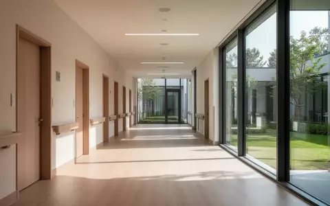 Ein heller, minimalistischer Flurbereich in einer modernen Pflegeeinrichtung mit großen Fenstern und Blick in einen grünen Innenhof. - Foto: über boerse-global.de
