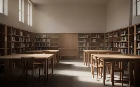 Ein ruhiger, minimalistischer Bibliotheksraum mit natürlichem Licht, leeren Holztischen und Bücherregalen. - Foto: über boerse-global.de