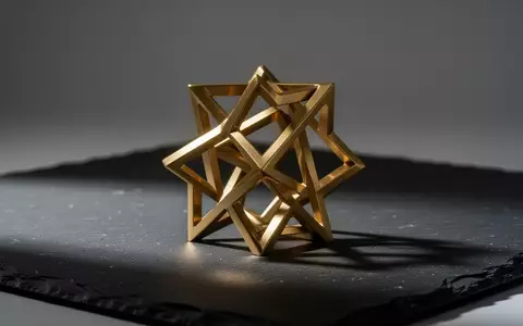 Eine abstrakte, geometrische Messingskulptur auf einer schiefergrauen Oberfläche, die komplexe mathematische Strukturen symbolisiert. - Foto: über boerse-global.de