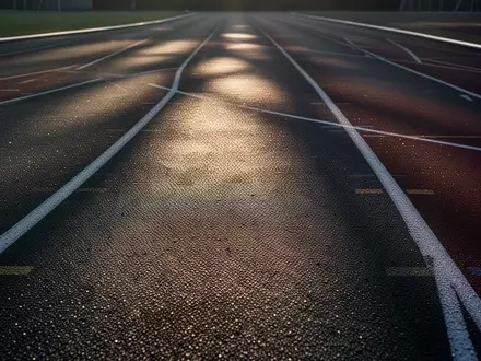 Eine leere, moderne Kunststofflaufbahn bei Sonnenaufgang mit Fokus auf die Textur des Untergrunds. - Foto: über boerse-global.de
