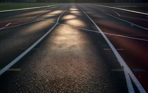 Eine leere, moderne Kunststofflaufbahn bei Sonnenaufgang mit Fokus auf die Textur des Untergrunds. - Foto: über boerse-global.de
