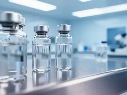 Nahaufnahme einer sterilen Laborumgebung mit Glasfläschchen auf einer Metalloberfläche, symbolisch für medizinische Forschung. - Foto: über boerse-global.de