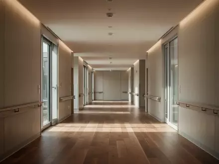 Ein minimalistischer, heller Flur in einem modernen Gebäude mit bodentiefen Fenstern und viel Tageslicht. - Foto: über boerse-global.de