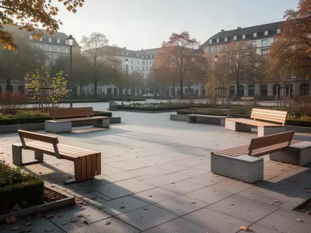 Ein leerer, sonniger öffentlicher Platz mit Bänken und Gartenanlagen in einer städtischen Umgebung. - Foto: über boerse-global.de