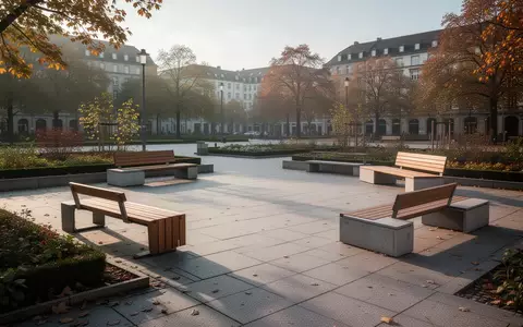 Ein leerer, sonniger öffentlicher Platz mit Bänken und Gartenanlagen in einer städtischen Umgebung. - Foto: über boerse-global.de