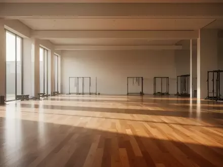 Ein minimalistischer, lichtdurchfluteter Trainingsraum mit poliertem Holzboden und weiten, leeren Flächen. - Foto: über boerse-global.de