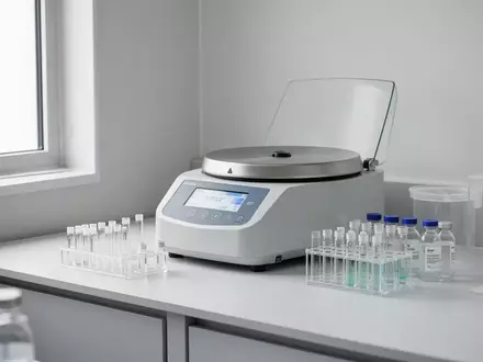 Ein steriler Labortisch mit medizinischen Probengefäßen und einer Zentrifuge in einer hellen, klinischen Umgebung. - Foto: über boerse-global.de