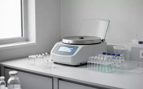 Ein steriler Labortisch mit medizinischen Probengefäßen und einer Zentrifuge in einer hellen, klinischen Umgebung. - Foto: über boerse-global.de