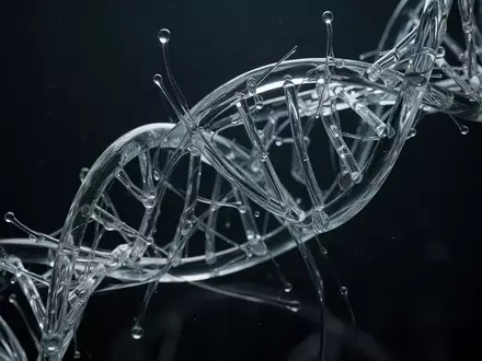 Abstrakte, gläserne DNA-Doppelhelix vor einem dunklen, minimalistischen Hintergrund als Symbol für die genetische Forschung. - Foto: über boerse-global.de