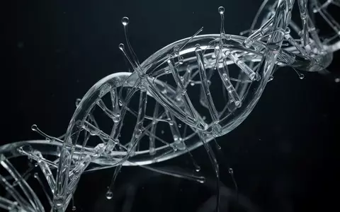 Abstrakte, gläserne DNA-Doppelhelix vor einem dunklen, minimalistischen Hintergrund als Symbol für die genetische Forschung. - Foto: über boerse-global.de