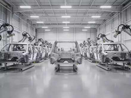 Eine moderne, weitläufige Fabrikhalle in Georgia mit industriellen Roboterarmen und strukturellen Fahrzeugrahmen. - Foto: über boerse-global.de